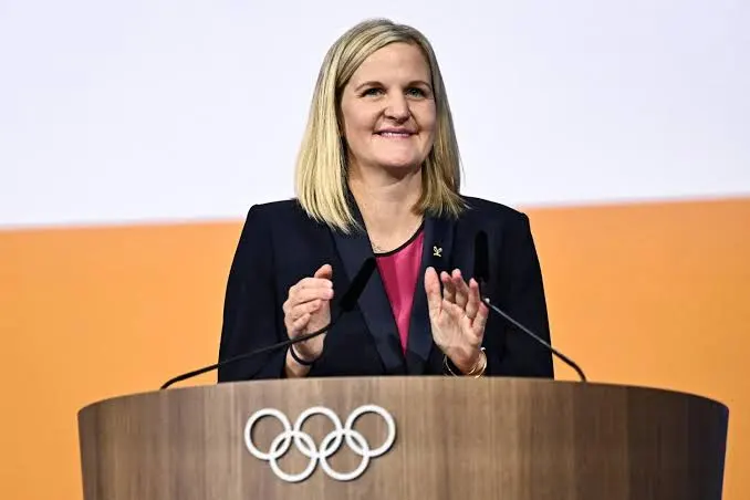 Kirsty Coventry, IOC President, at the Olympic podium